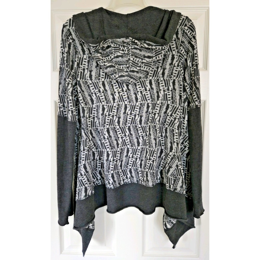 Prana Womens M Gray Geometric Tribal Print Open Front Hooded Cardigan Sweater - Picture 2 of 9